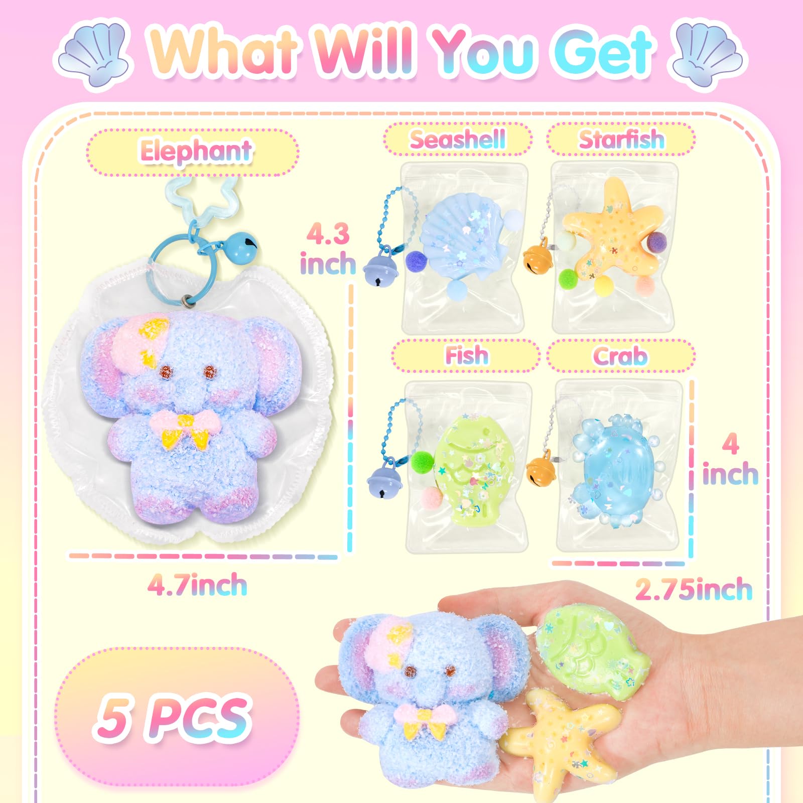 CatchCute 5-Pack Squishy Toys Set – Soft Silicone Elephant, Starfish, Crab & More for Stress Relief and Sensory Play