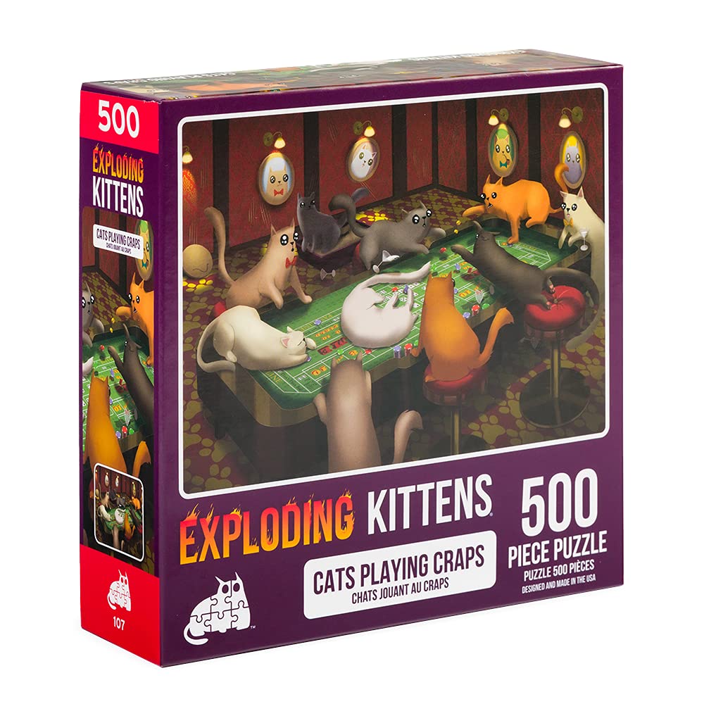 Cats Playing Craps 500-Piece Jigsaw Puzzle by Exploding Kittens – Funny Cat Art, Recycled Materials