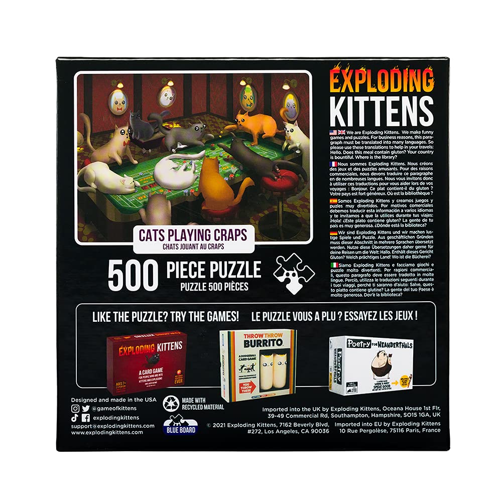 Cats Playing Craps 500-Piece Jigsaw Puzzle by Exploding Kittens – Funny Cat Art, Recycled Materials