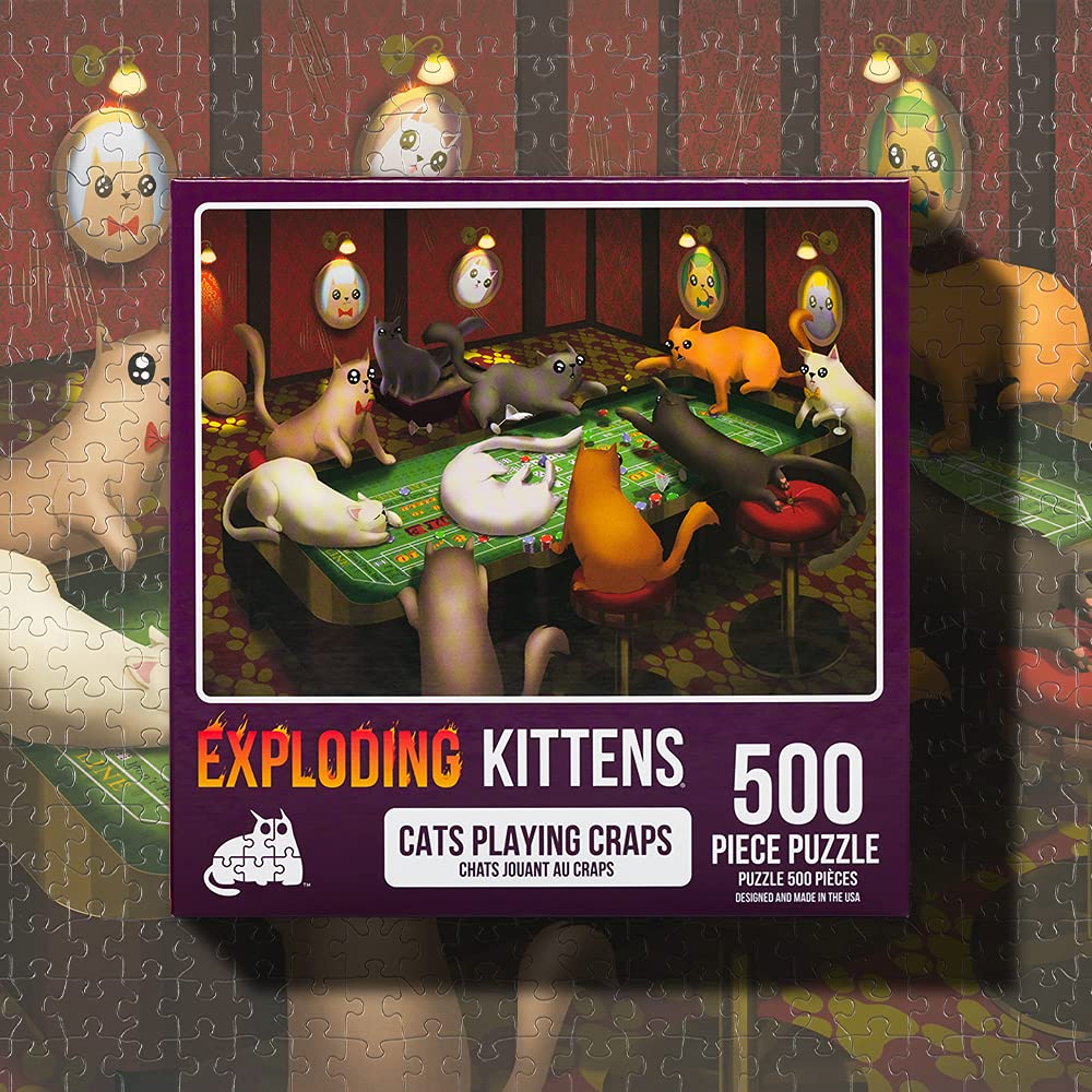 Cats Playing Craps Jigsaw Puzzle – 500 Pieces by Exploding Kittens, Recycled Materials, 18x24 Inches