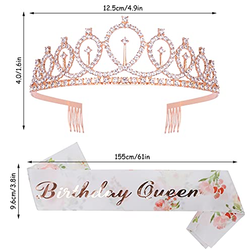 CAVETEE Rose Gold Birthday Crown & Floral White Sash Set – Rhinestone Tiara for Women