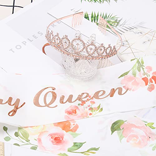 CAVETEE Rose Gold Birthday Crown & Floral White Sash Set – Rhinestone Tiara for Women