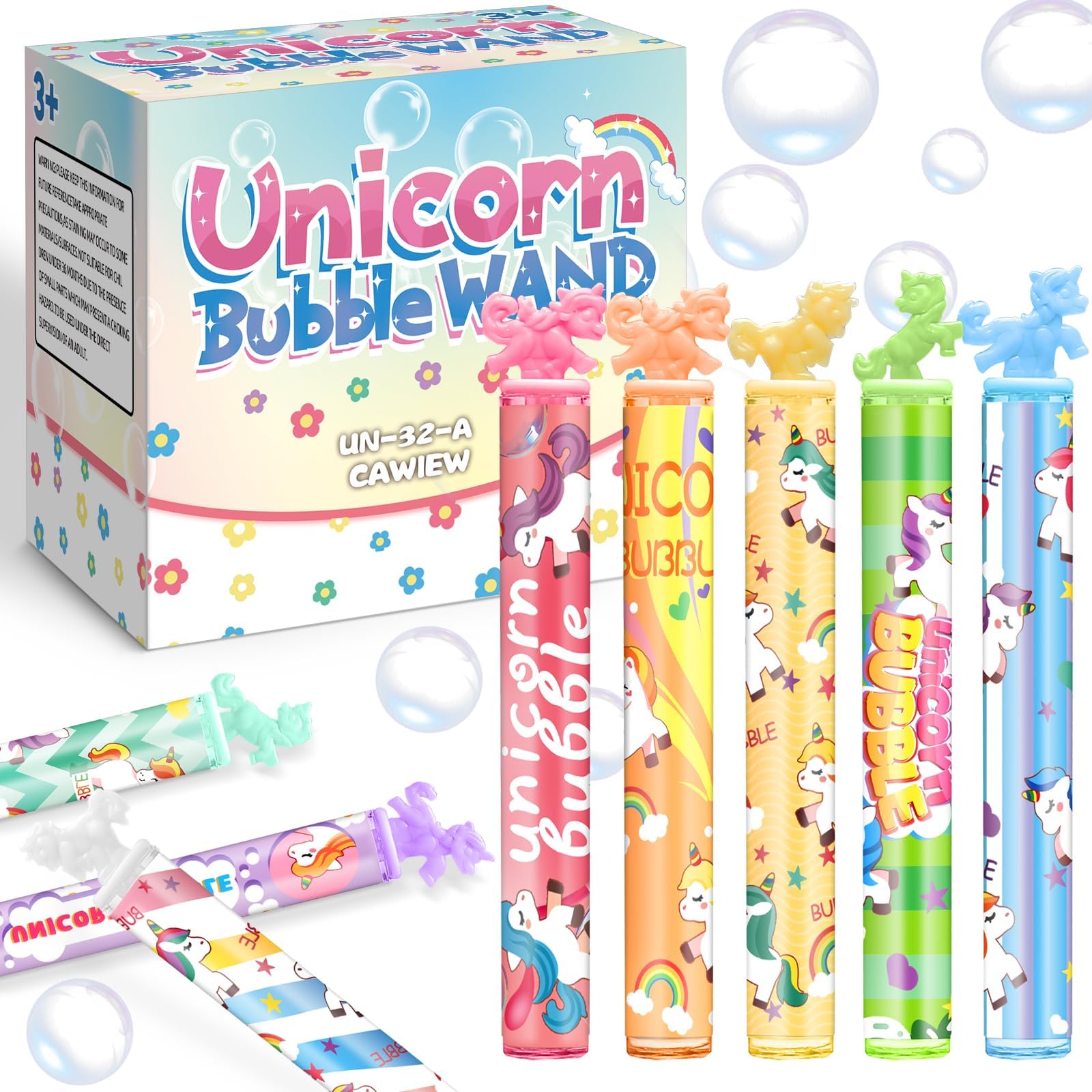 Cawiew 32 Pack Mini Unicorn Bubble Wands with Stickers - Pastel Party Favors for Kids
