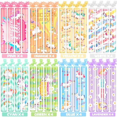 Cawiew 32 Pack Mini Unicorn Bubble Wands with Stickers - Pastel Party Favors for Kids