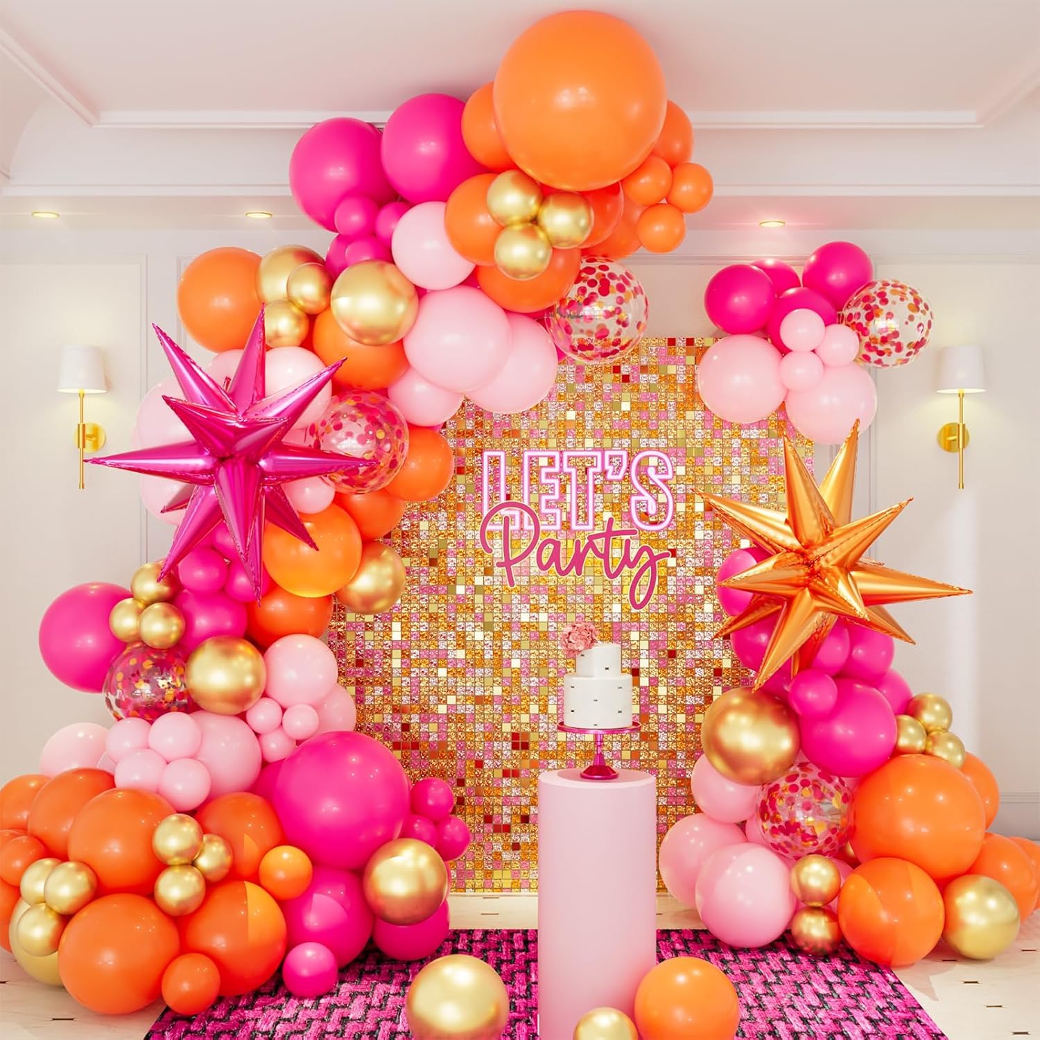 CboDeco Pink Orange Balloon Garland Arch Kit – 146pc Hot Pink, Orange & Metallic Gold Latex Balloons with Exploding Star Foil Balloon for Birthday, Tropical, Wedding Party Decor