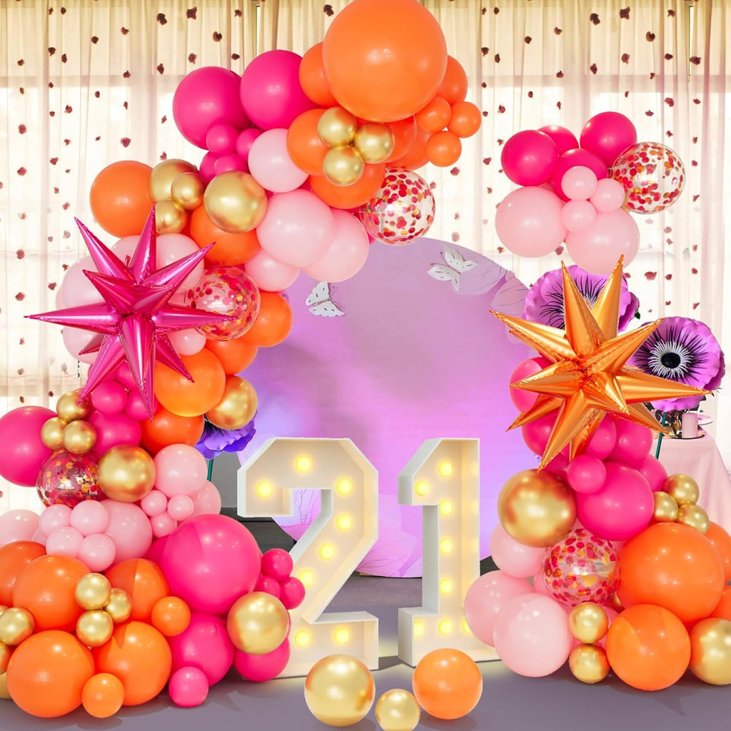 CboDeco Pink Orange Balloon Garland Arch Kit – 146pc Hot Pink, Orange & Metallic Gold Latex Balloons with Exploding Star Foil Balloon for Birthday, Tropical, Wedding Party Decor