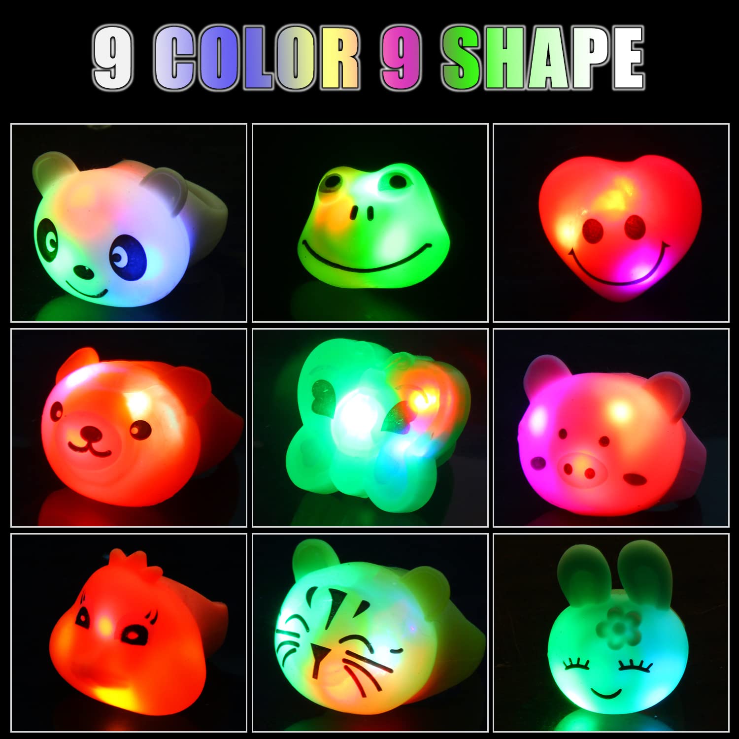 CCINEE 24-Pack LED Animal Light-Up Rings with 3 Flashing Modes - Glow Party Favors & Prizes