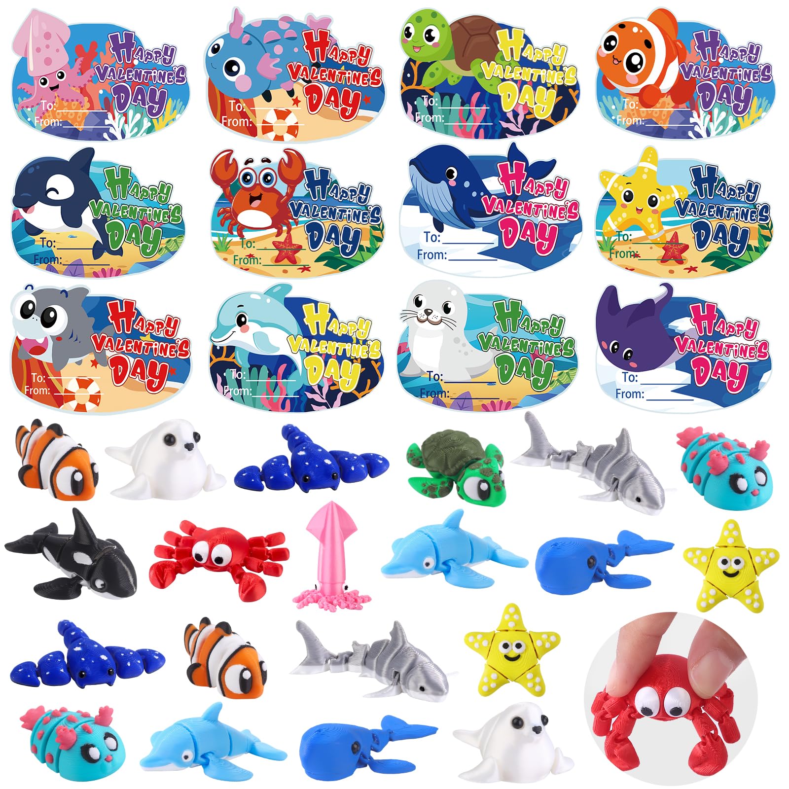 Celltestria 24pcs 3D Printed Ocean Animals Valentine's Day Gifts with Cards for Kids