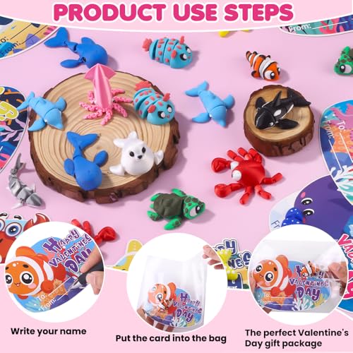 Celltestria 24pcs 3D Printed Ocean Animals Valentine's Day Gifts with Cards for Kids