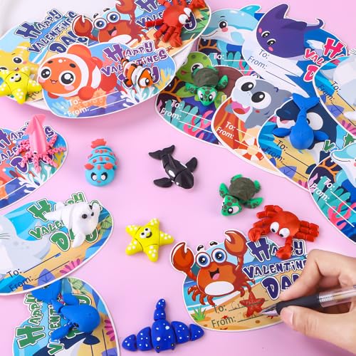 Celltestria 24pcs 3D Printed Ocean Animals Valentine's Day Gifts with Cards for Kids