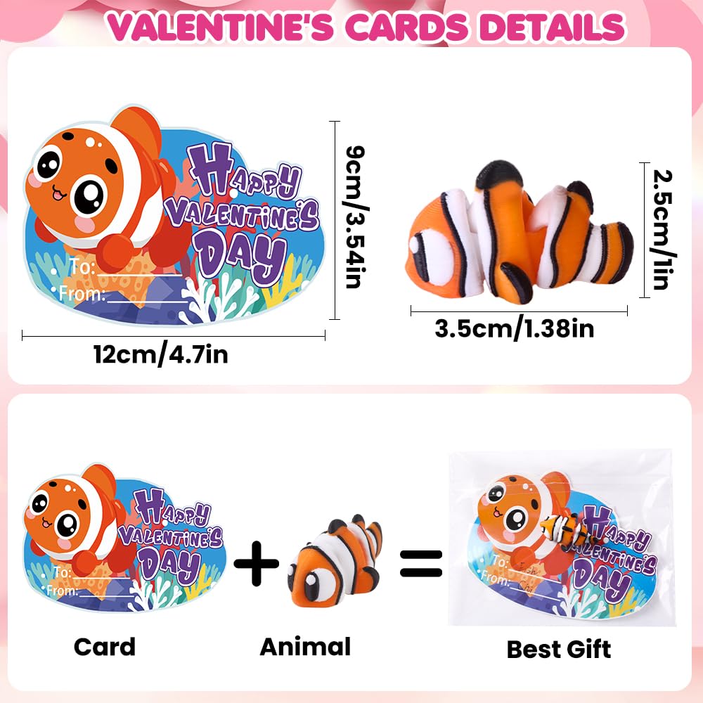 Celltestria 24pcs 3D Printed Ocean Animals Valentine's Day Gifts with Cards for Kids