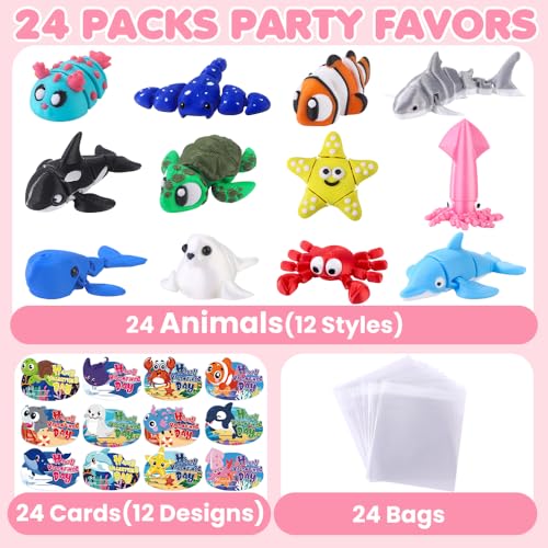 Celltestria 24pcs 3D Printed Ocean Animals Valentine's Day Gifts with Cards for Kids