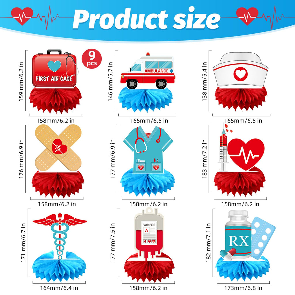 Ceonam 9-Piece Medical Honeycomb Centerpieces - 3D Nurse Doctor Themed Party Decor with First Aid Kit, Syringe, Ambulance Designs for Graduation, Clinic, Hospital Events