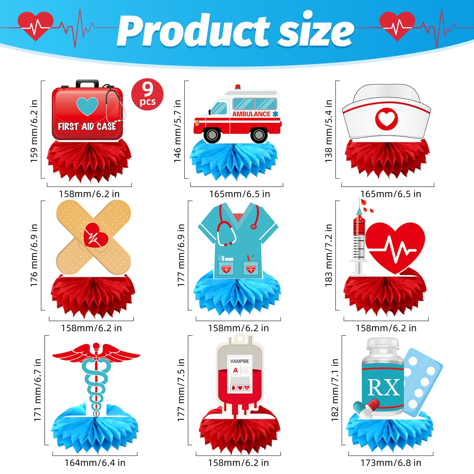 Ceonam 9-Piece Medical Honeycomb Centerpieces - 3D Nurse Doctor Themed Party Decor with First Aid Kit, Syringe, Ambulance Designs for Graduation, Clinic, Hospital Events
