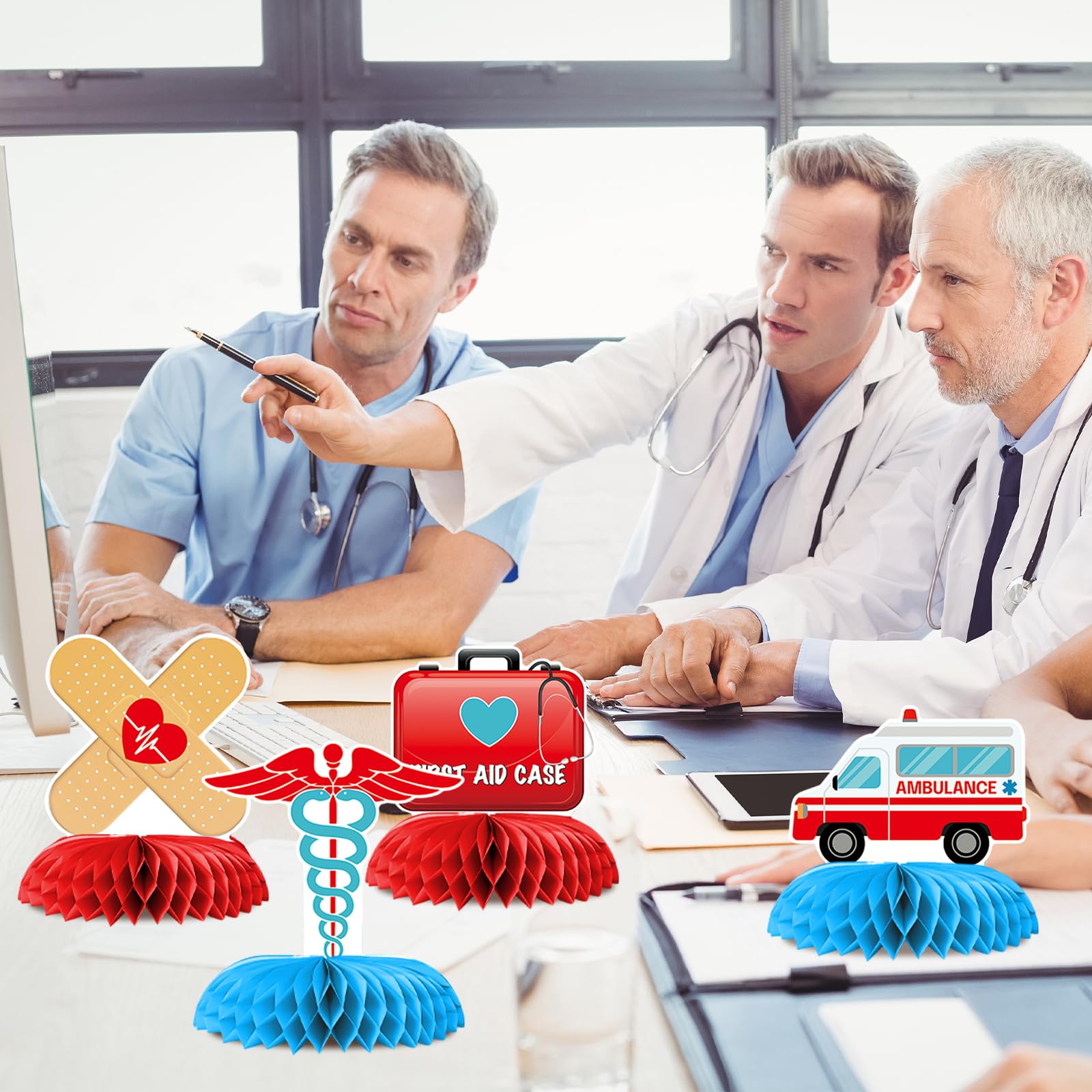 Ceonam 9-Piece Medical Honeycomb Centerpieces - 3D Nurse Doctor Themed Party Decor with First Aid Kit, Syringe, Ambulance Designs for Graduation, Clinic, Hospital Events