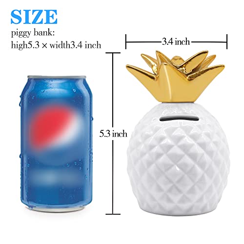 Ceramic Pineapple Piggy Bank - White, 5.3 Inch, Fun Money Saver for Kids and Adults
