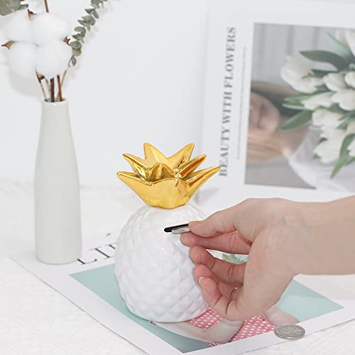 Ceramic Pineapple Piggy Bank - White, 5.3 Inch, Fun Money Saver for Kids and Adults