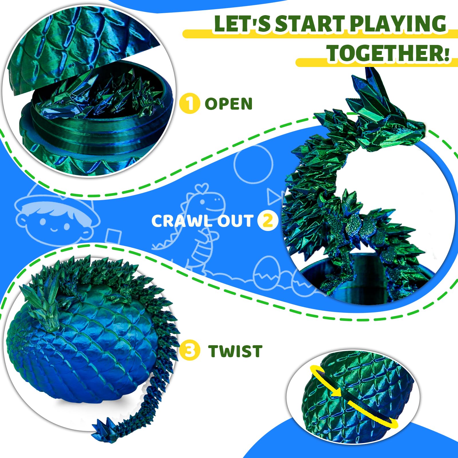 Cessfle 12-Inch Prefilled Easter Egg with Articulated 3D Printed Dragon – Crystal Texture, Eco-Friendly PLA, Easter Basket Surprise for Kids & Adults