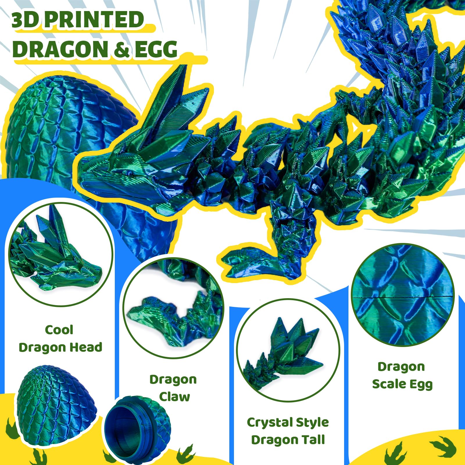 Cessfle 12-Inch Prefilled Easter Egg with Articulated 3D Printed Dragon – Crystal Texture, Eco-Friendly PLA, Easter Basket Surprise for Kids & Adults