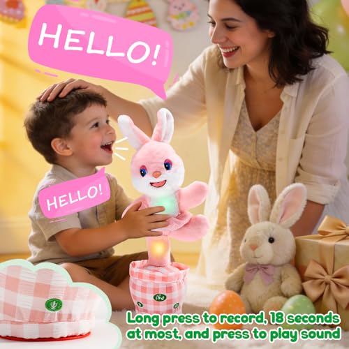 Cessfle Talking Dancing Easter Bunny Plush – 60+ Songs, Talk Back, Glowing LED, Gift for Toddlers