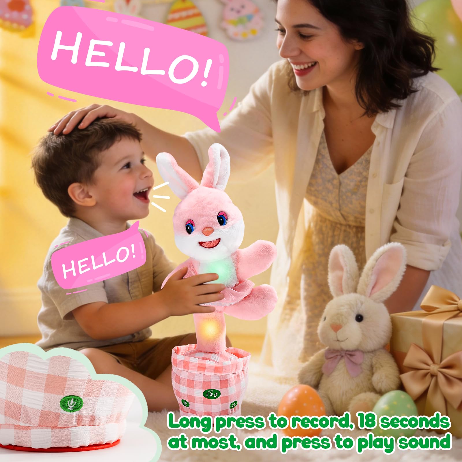 Cessfle Talking Dancing Easter Bunny Plush – 60+ Songs, Talk Back, Glowing LED, Gift for Toddlers