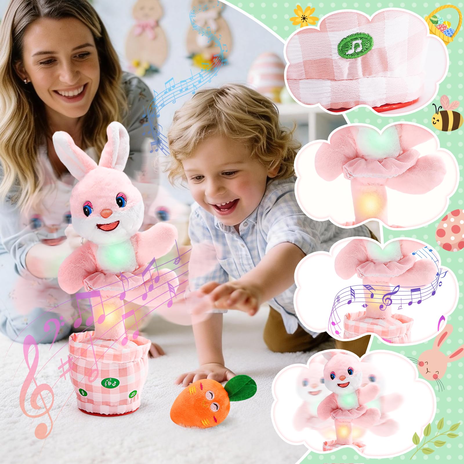 Cessfle Talking Dancing Easter Bunny Plush – 60+ Songs, Talk Back, Glowing LED, Gift for Toddlers