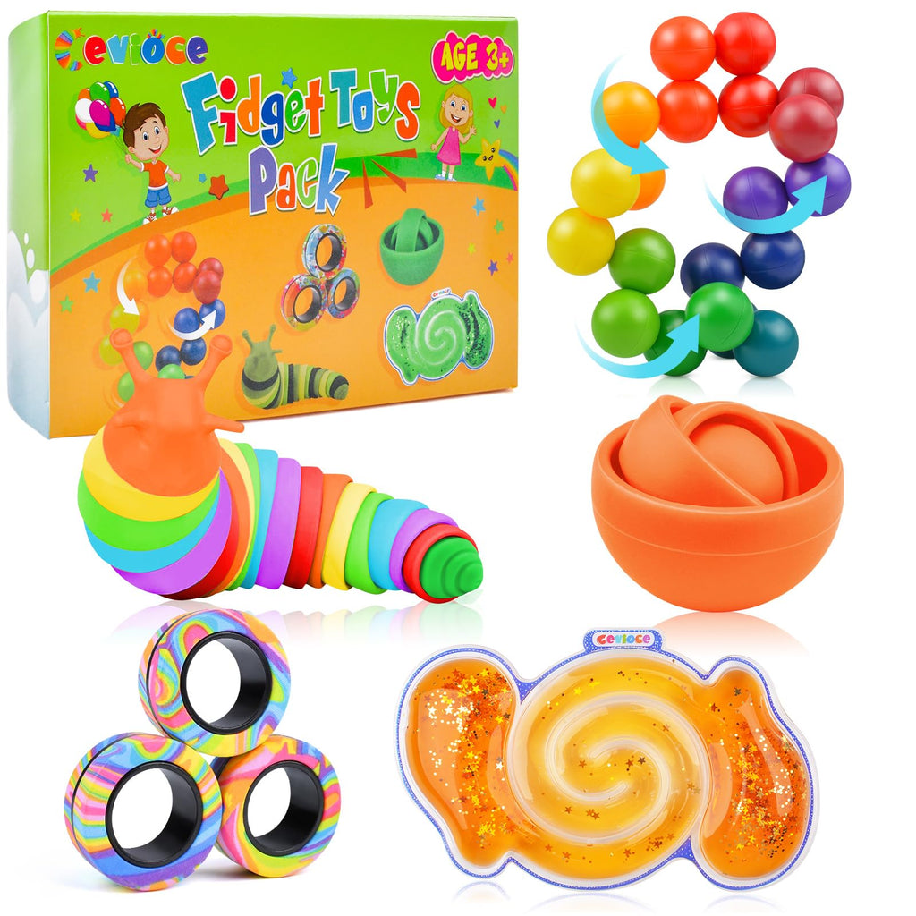 Cevioce 5-Piece Fidget Toy Pack for Stress Relief – Gyro, Slug, Magnetic Rings, Sensory Tube & Squishy Ball