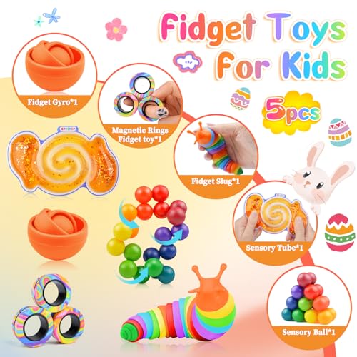 Cevioce 5-Piece Fidget Toy Pack for Stress Relief – Gyro, Slug, Magnetic Rings, Sensory Tube & Squishy Ball