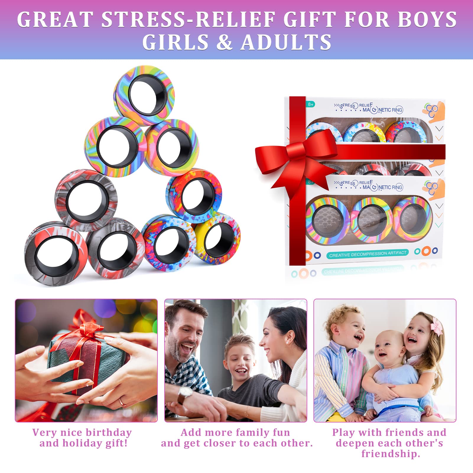 Cevioce 9-Piece Magnetic Fidget Rings Set – Stress Relief Toys for Kids & Adults with ADHD or Anxiety