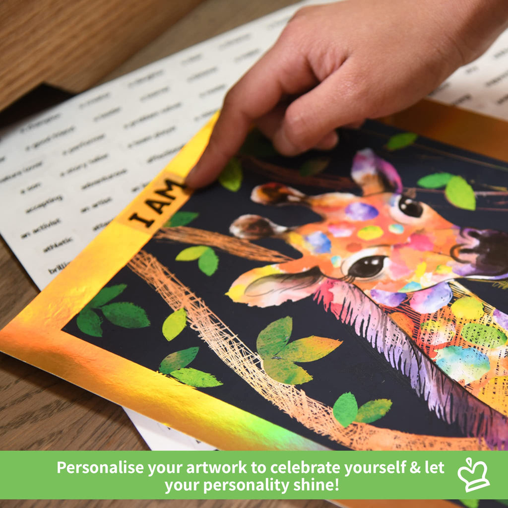 Chalk and Chuckles Animal Scratch Art Kit – 2 Gold Foil Sheets, Wooden Tool, 180+ Stickers for Kids 6+