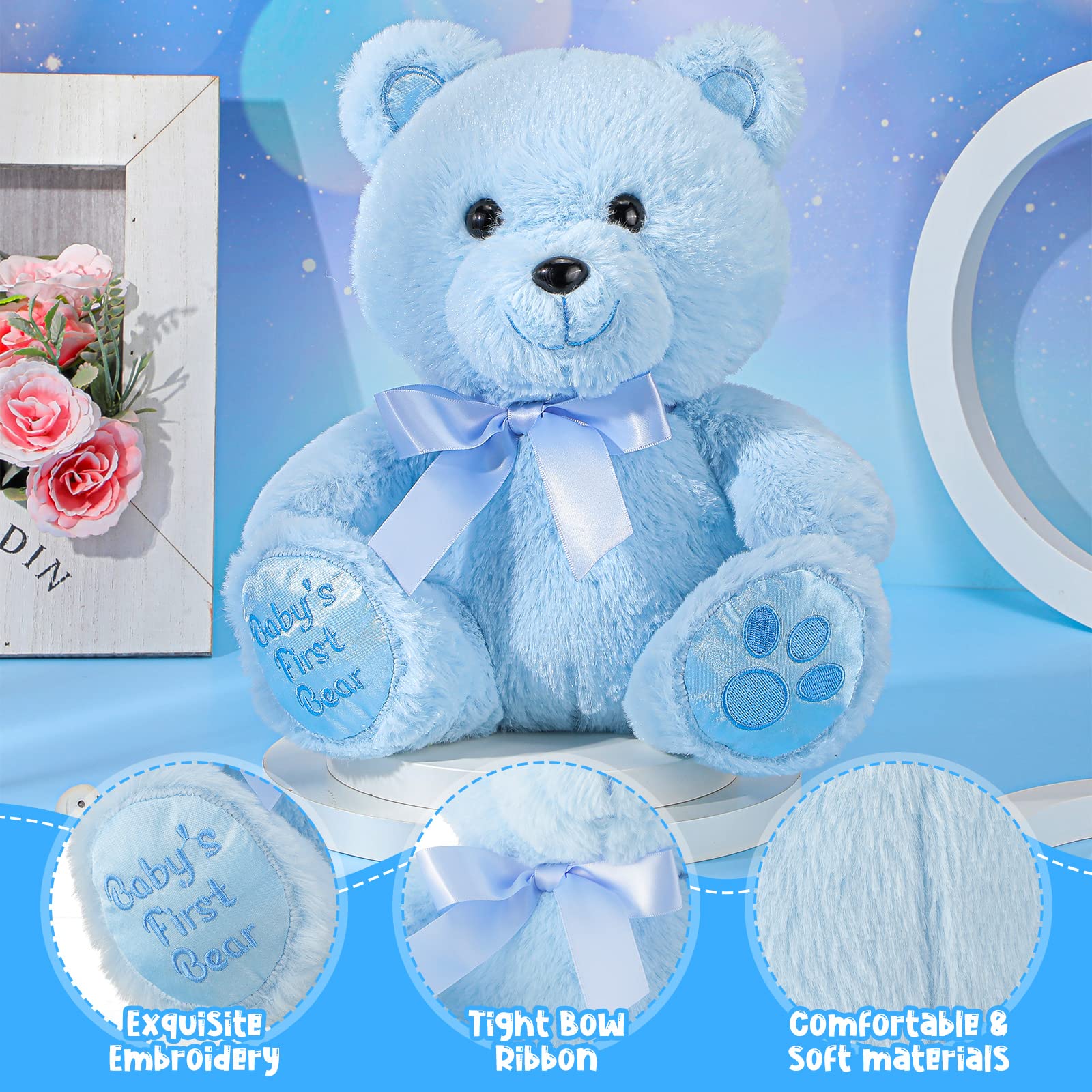Chalyna 10 Inch Stuffed Bear Plush Toy - Soft Blue Teddy for Baby Shower & Birthday Gifts