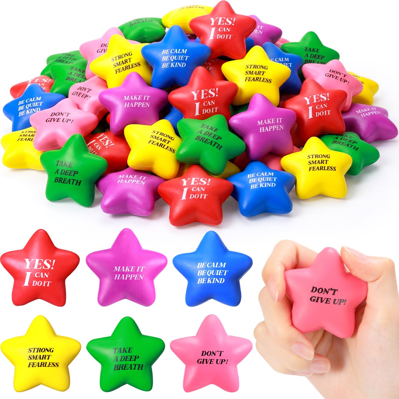 Chalyna 30-Pack Motivational Star Stress Balls – 2.2 Inch PU Foam Squeeze Toys for Anxiety Relief, Party Favors, and Classroom Prizes (Assorted Colors)