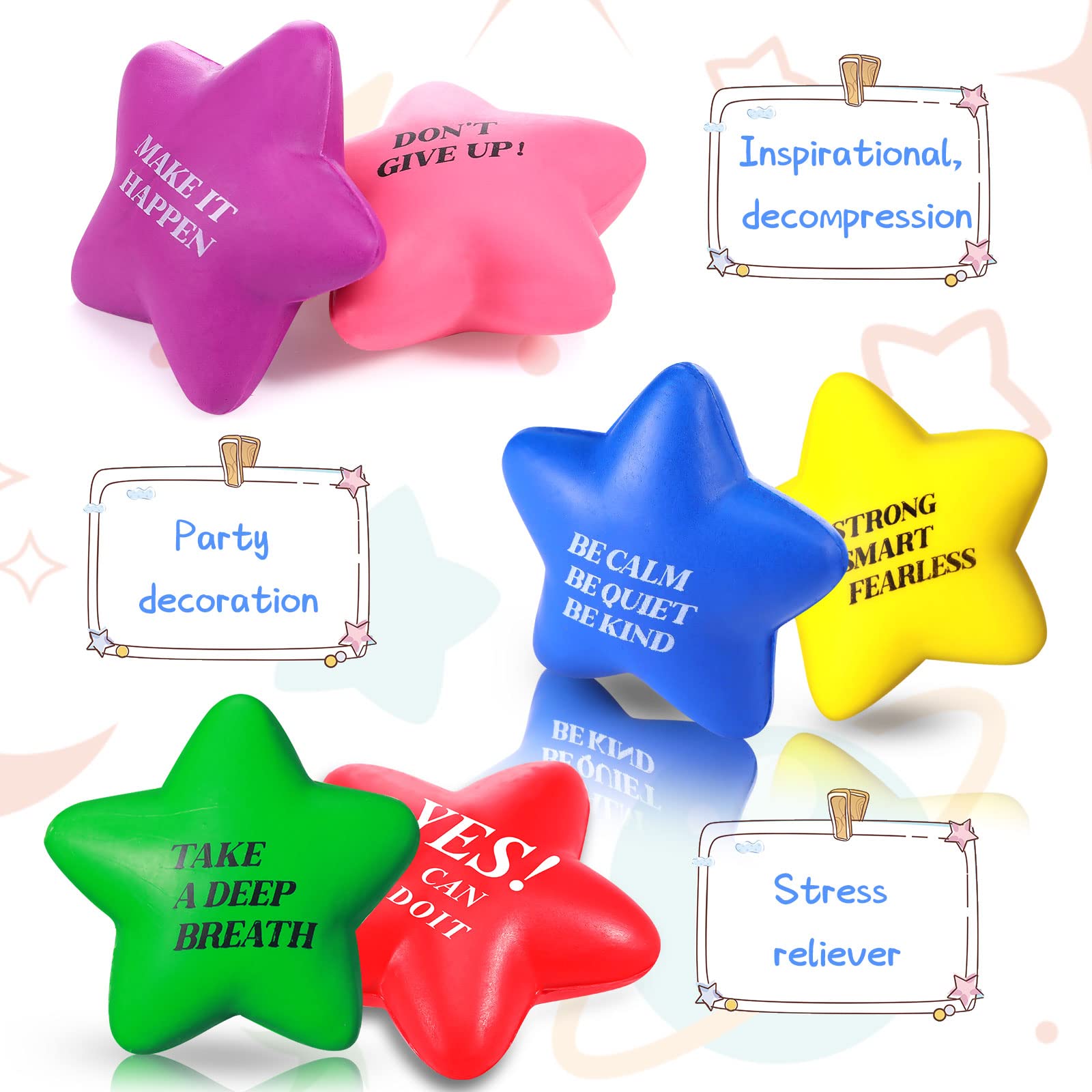 Chalyna 30-Pack Motivational Star Stress Balls – 2.2 Inch PU Foam Squeeze Toys for Anxiety Relief, Party Favors, and Classroom Prizes (Assorted Colors)
