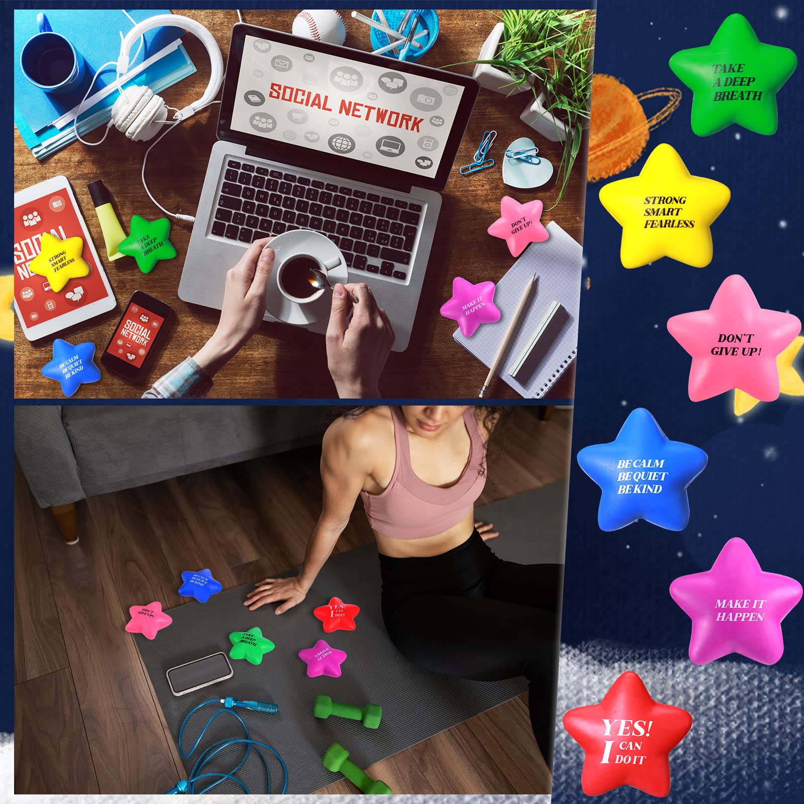 Chalyna 30-Pack Motivational Star Stress Balls – 2.2 Inch PU Foam Squeeze Toys for Anxiety Relief, Party Favors, and Classroom Prizes (Assorted Colors)