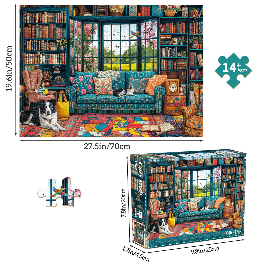 Chalzidar 1000-Piece Cozy Study Jigsaw Puzzle – 27.5x19.7 Inches with 1:1 HD Poster, Perfect Interlocking, No Dust, Stress Relief, Gift for Adults