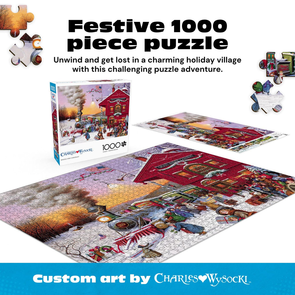Charles Wysocki Whistle Stop Christmas 1000 Piece Jigsaw Puzzle by Buffalo Games – Winter Holiday Art for Adults