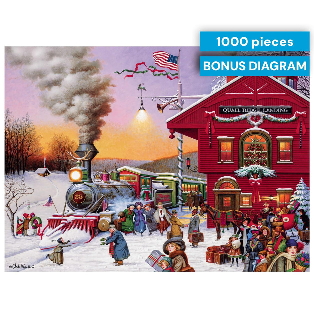 Charles Wysocki Whistle Stop Christmas 1000 Piece Jigsaw Puzzle by Buffalo Games – Winter Holiday Art for Adults