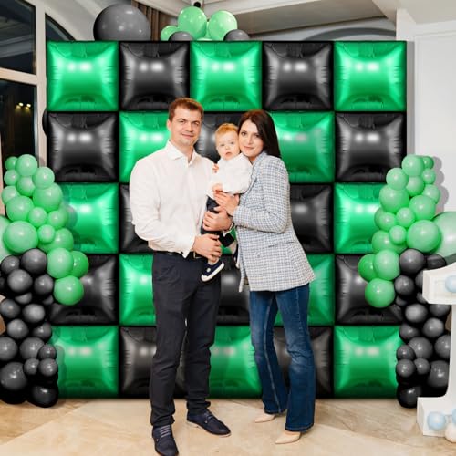 Charnoel 25 Pack Green and Black Square Foil Balloons for Video Game Party Decor