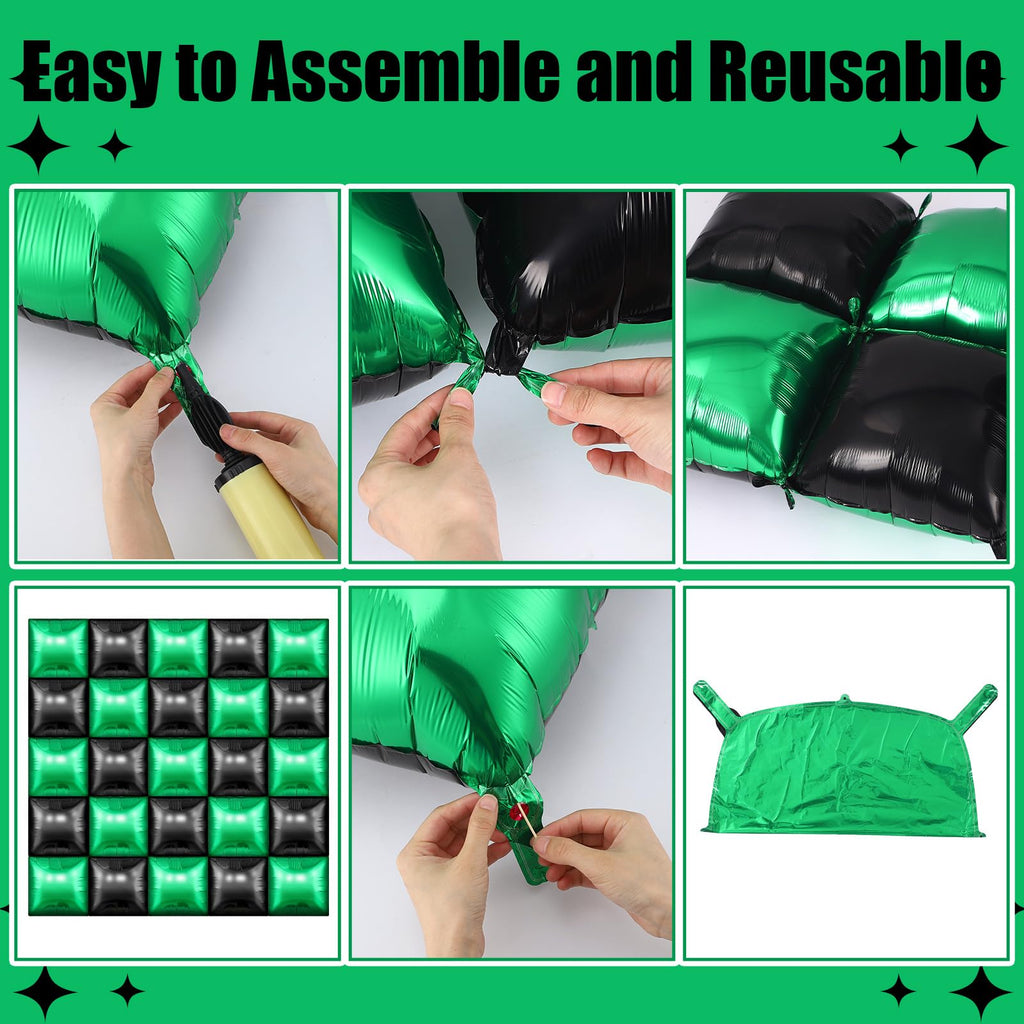 Charnoel 25 Pack Green and Black Square Foil Balloons for Video Game Party Decor