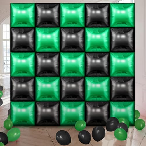 Charnoel 25 Pack Green and Black Square Foil Balloons for Video Game Party Decor