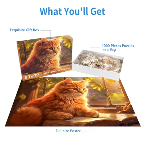 CHengQiSM 1000 Piece Cat Puzzle for Adults – Reading Cat Jigsaw, Cozy Retreat, 27.5x19.7 Inches