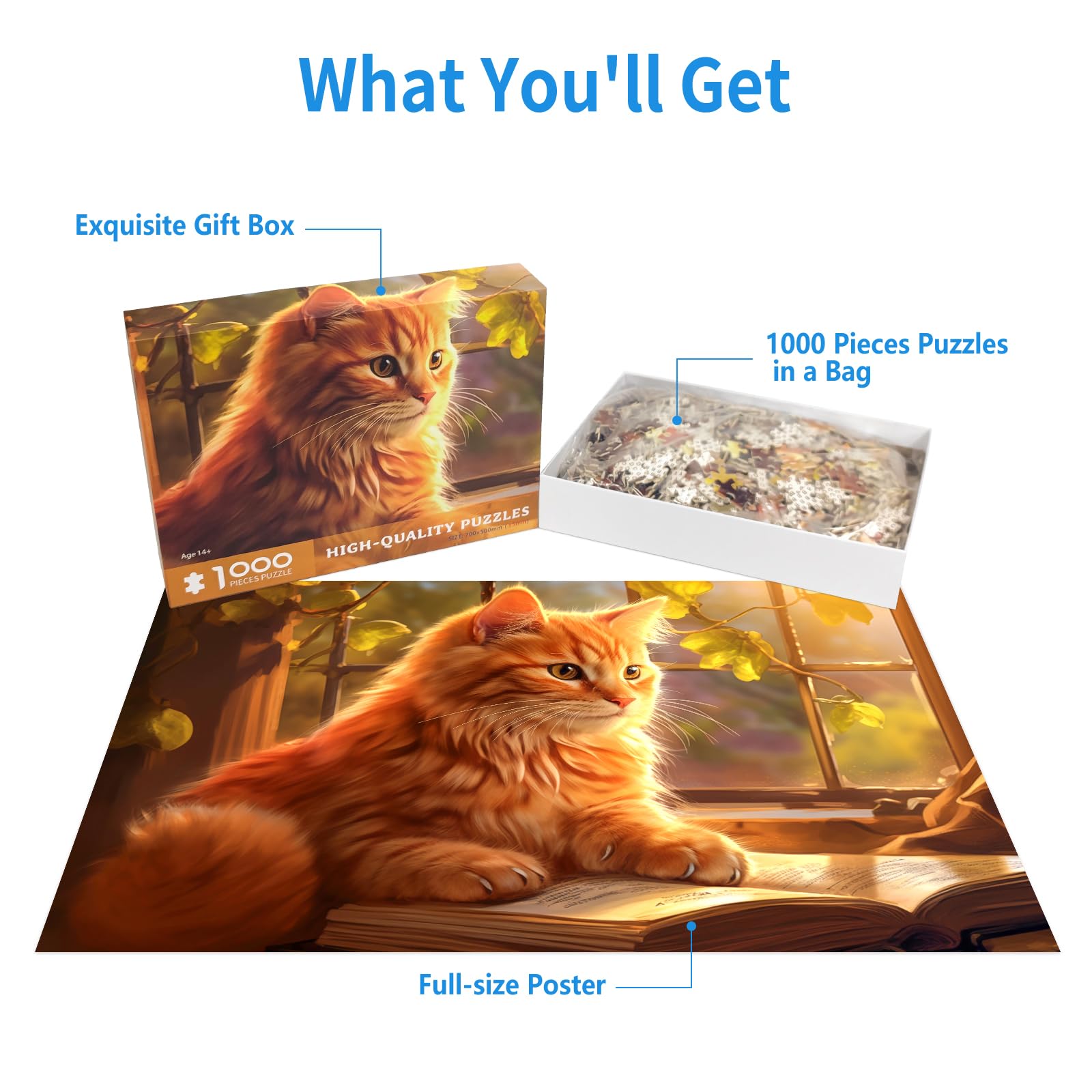 CHengQiSM 1000 Piece Cat Puzzle for Adults – Reading Cat Jigsaw, Cozy Retreat, 27.5x19.7 Inches