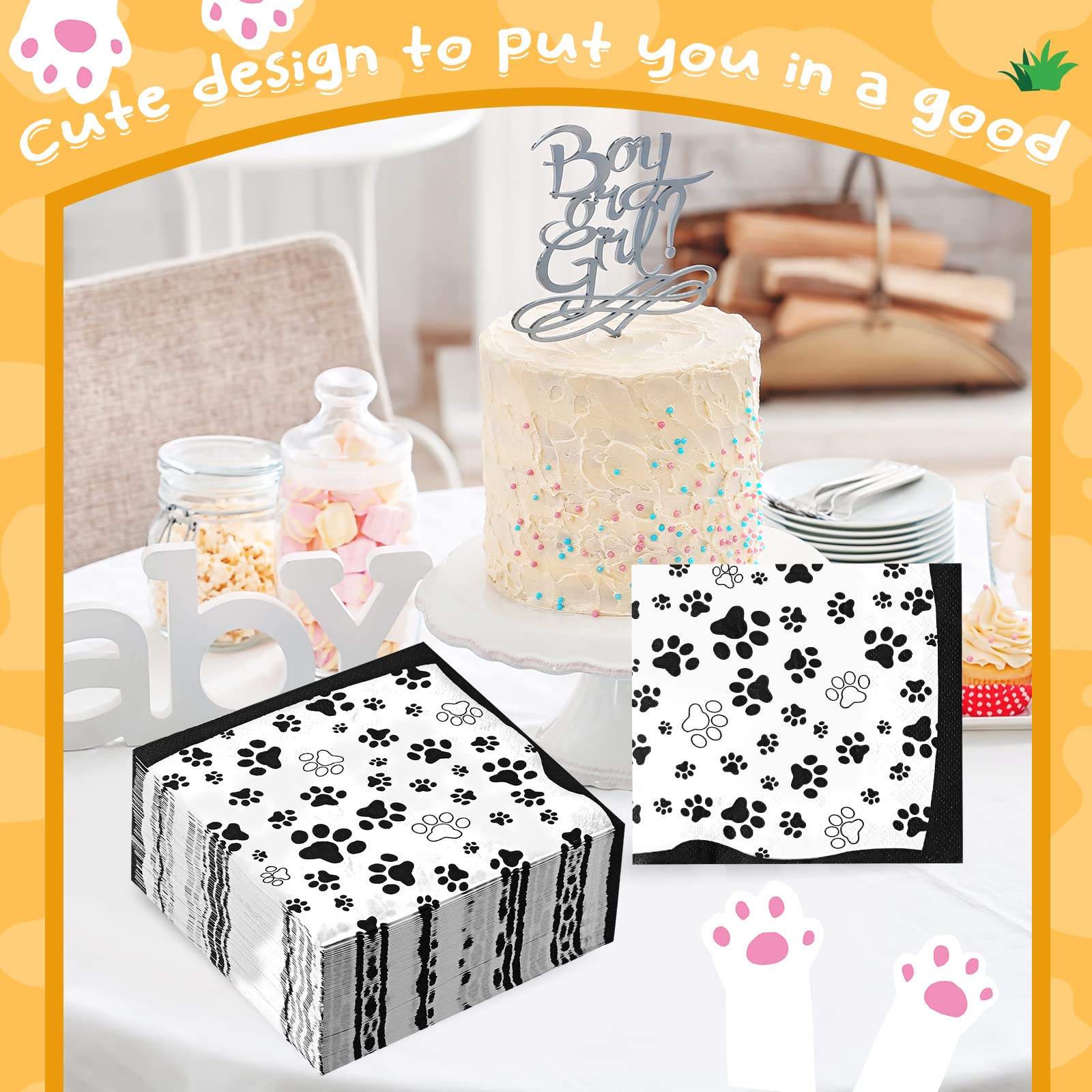 CHENGU 100-Pack Paw Print Napkins 5x5 Inch 2-Ply Paper Party Napkins for Animal Themed Birthdays, Western Parties (Black)