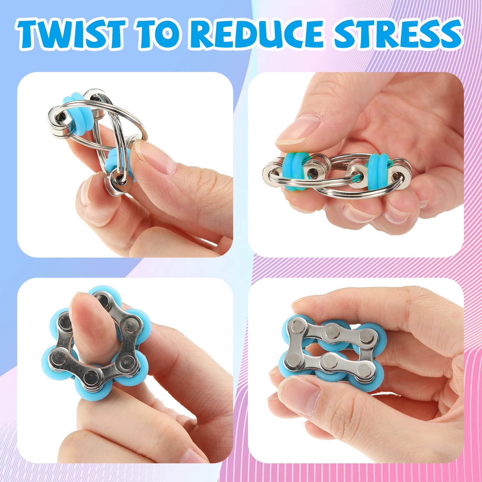 CHENGU 16-Piece Fidget Toy Set: 6-Roller Chain & Key Flippy Chains for Stress Relief, ADHD, Autism (Bright Colors)