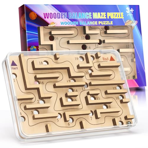 CHEROSIN Wooden Marble Maze Puzzle – Handheld Fidget Game for Kids & Adults | Brain Teaser Travel Toy with 21 Holes