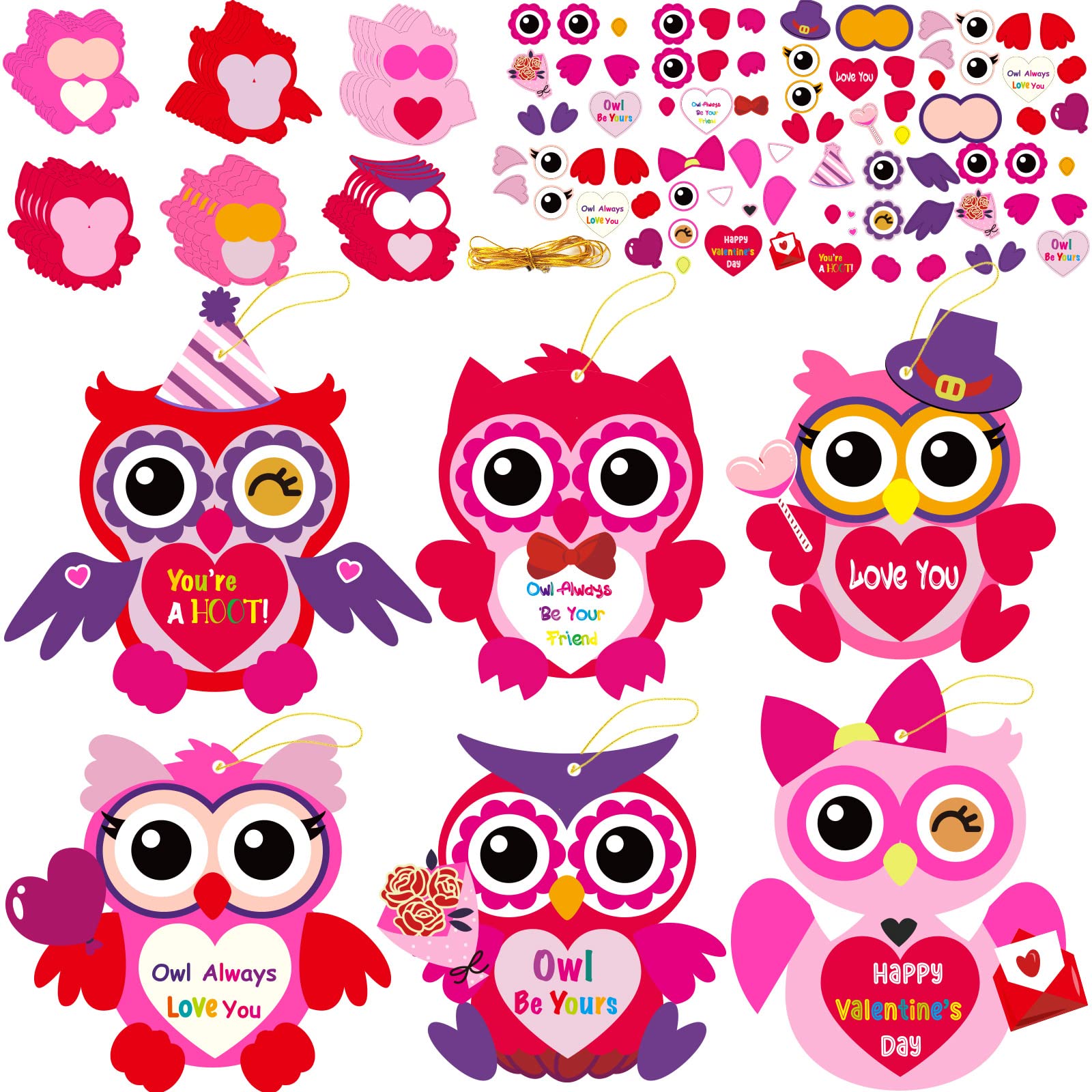 chiazllta 30-Pack Valentine's Day Owl Craft Kit – DIY Heart Craft with Stickers for Home or Classroom Activities
