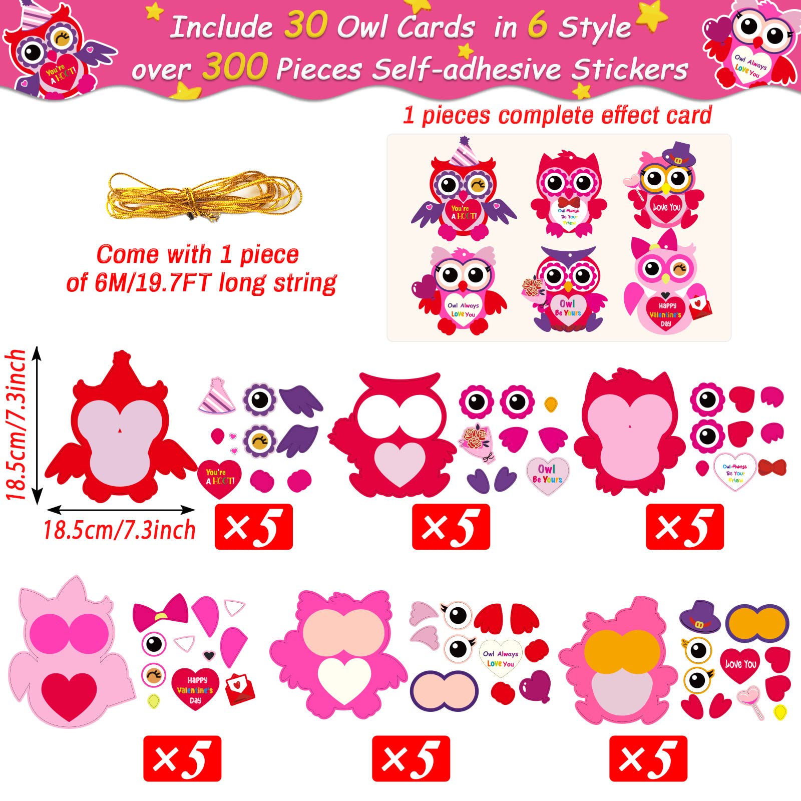 chiazllta 30-Pack Valentine's Day Owl Craft Kit – DIY Heart Craft with Stickers for Home or Classroom Activities