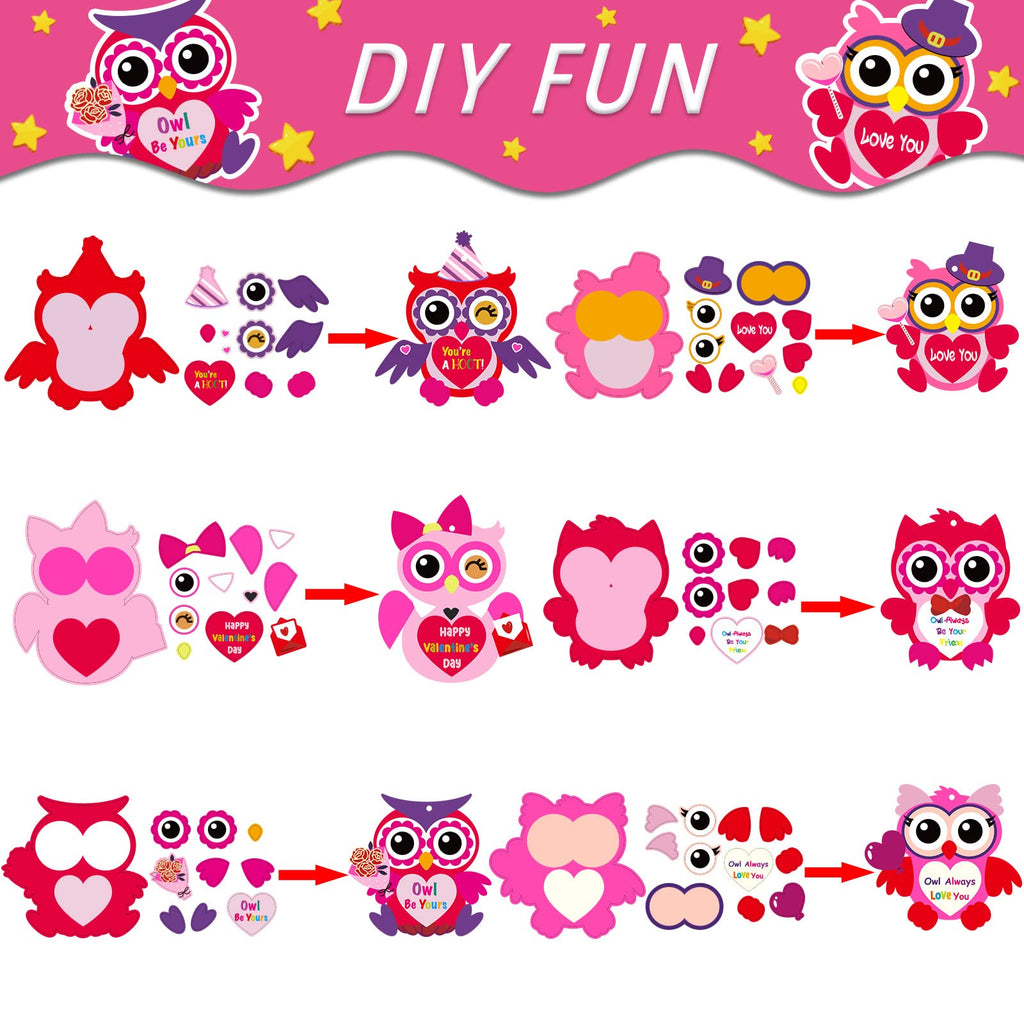 chiazllta 30-Pack Valentine's Day Owl Craft Kit – DIY Heart Craft with Stickers for Home or Classroom Activities