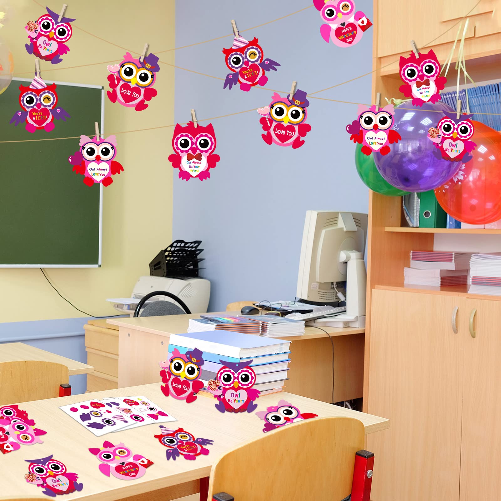 chiazllta 30-Pack Valentine's Day Owl Craft Kit – DIY Heart Craft with Stickers for Home or Classroom Activities