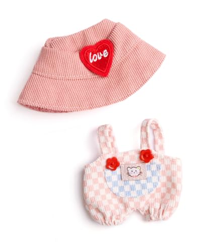 Chic Pink and White Checkered Romper and Hat for 17cm Labubu Dolls – Kawaii Outfit Set